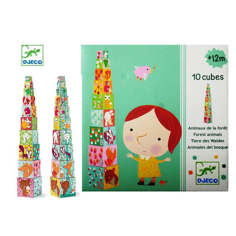 Djeco Cubi Impilabili E Incastrabili Per Bambini - 10 Pezzi In Cartone Con Numeri, Animali E Forme - Gioco Educativo 12 Mesi+