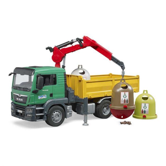 Bruder Camion Man Rifiuti con Cassonetti.